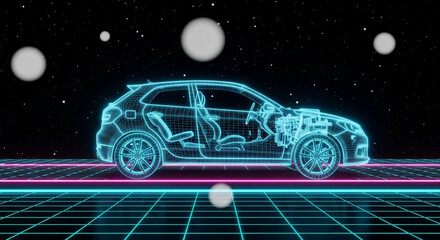 Holographic Car Wireframe on Grid - Futuristic Automotive Design