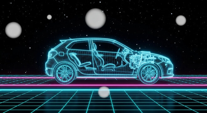 Holographic Car Wireframe on Grid - Futuristic Automotive Design
