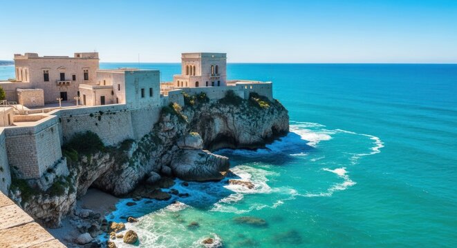 Seaside castle rests atop a cliff with vibrant turquoise water below