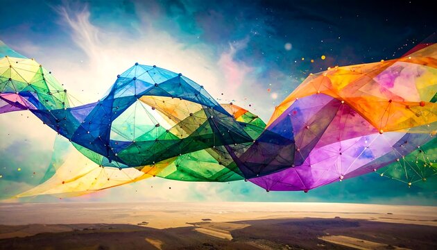 Abstract rendering of geometric shapes over a tan landscape under a bright cloudy sky