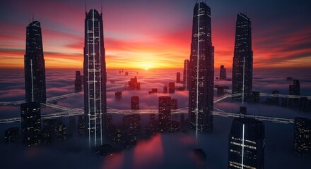 Skyline of towering skyscrapers pierces a dense fog, bathed in sunrise hues