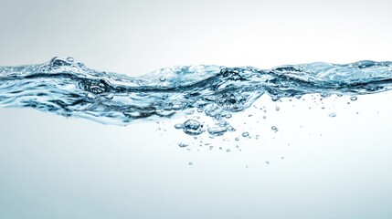 A wave of clear blue water with bubbles on a white background.