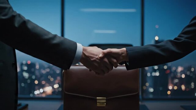 Business partners shaking hands with city skyline in background