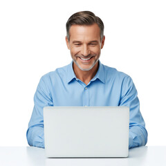 Businessman using laptop and smiling isolated on white or transparent background