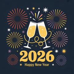 Festive 2026 new year celebration with champagne and fireworks illustration