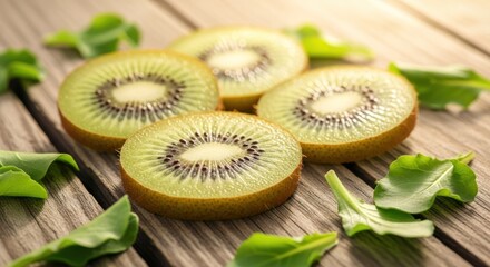 Sliced kiwi fruit and green leaves on a weathered wooden surface, sunlit