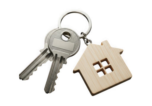 House key with a wooden house charm isolated on transparent background