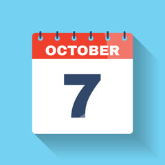 October 7 flat calendar icon with shadow