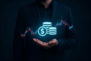 Digital Finance Growth – Businessman Holding Virtual Coins and Stock Market Chart for Investment Success