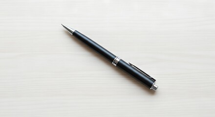 High-quality close-up of a black pen with metallic details placed on a light wooden desk. Minimalist stationery object concept, perfect for business, office, education, writing, signing, and productiv