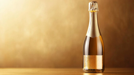 Champagne bottle with gold foil on yellow background, copy space.