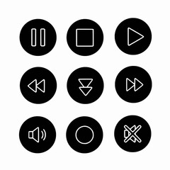 Icon set black and white isolated media player control buttons play, pause, stop, record, volume, mute