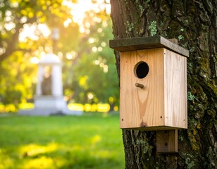Wooden birdhouse in park