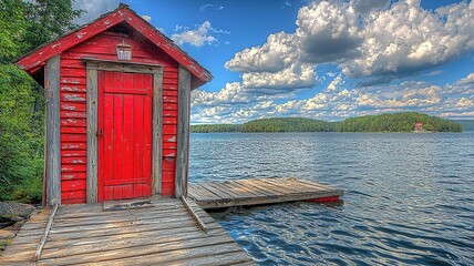 Polish Sierzewo wooden pier leading to open-air bathhouse with red railings, serene seascape
