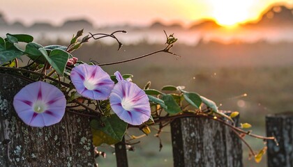 Morning glories climb weathered fence, bathed in golden sunrise light, soft fog in distance