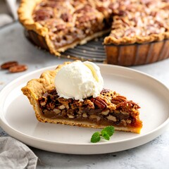 Pecan pie slice with ice cream
