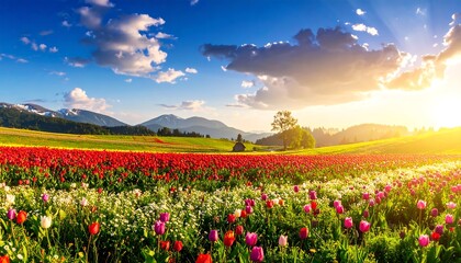 Obraz premium Colorful spring meadow at sunset