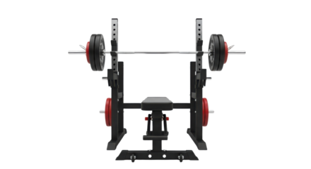 Weight bench with barbell and weights for strength training isolated PNG with Transparent Background