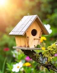 Wooden birdhouse in garden