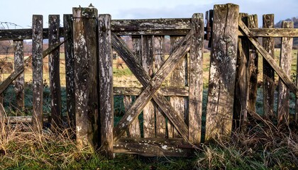 Rustic, weathered wooden gate with X detail and fence, grass, and distant landscape