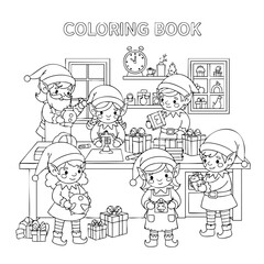 A whimsical scene featuring cheerful elves engaged in festive activities around a table filled with gifts and decorations.