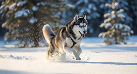 Naklejka premium A majestic Siberian Husky with striking blue eyes joyfully runs through a snowy winter landscape with pine trees.
