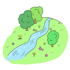 小川と木々の手描きイラスト