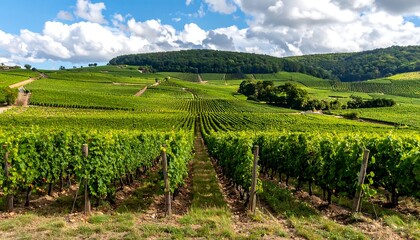 Naklejka premium Lush vineyard landscape under a partly cloudy sky (1)