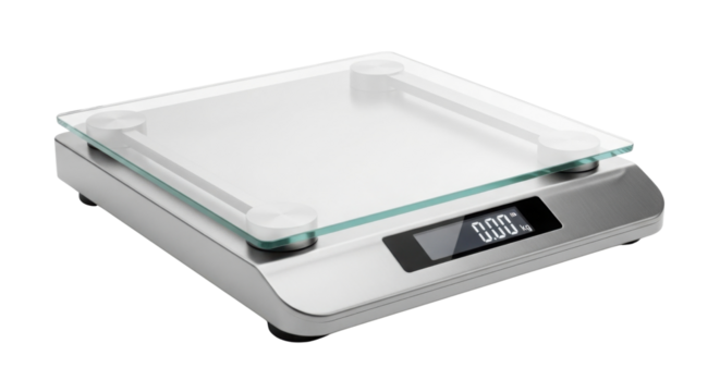 Kitchen scale with digital display showing zero weight isolated PNG with Transparent Background