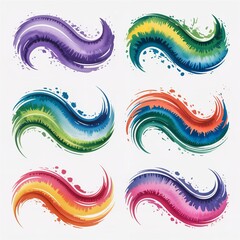 Six watercolor wave designs in various colors on a white background with splash effects and curved lines