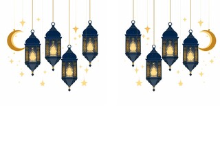 Decorative blue Arabic lanterns with glowing crescent moons and stars hanging on a white background, perfect for Islamic festival greetings