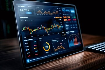 Tablet displaying financial data analysis graphs and charts