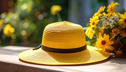 Yellow straw hat on wooden surface, flowers