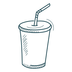 Doodle soda cup icon vector isolated. Hand-drawn illustration of a paper cup with a straw. Concept of fast food, sweet drink. Cold juice in a cup.