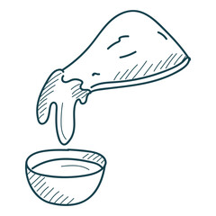 Nachos with sauce doodle icon vector isolated. Hand-drawn illustration of a Mexican snack. Concept of fast food. Spicy sauce in the bowl.
