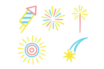 Vibrant collection of festive celebration elements including fireworks, sparklers, sun, and shooting stars