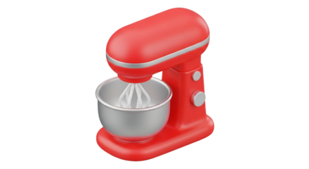 Red 3d cartoon stand mixer with stainless steel bowl isolated on transparent background