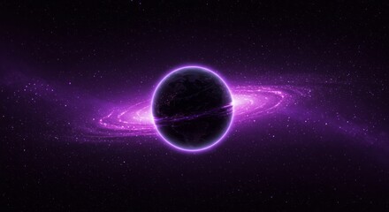 Obraz premium ringed planet in purple nebula — sci-fi space background banner with copy space — glowing starfield illustration