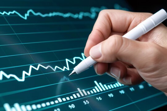 Hand analyzing financial market data on digital screen