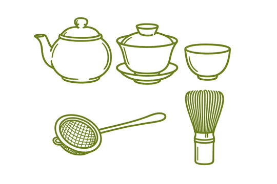 Traditional tea ceremony tools and accessories including teapot, gaiwan, whisk, tea bowl, and strainer for hot beverages