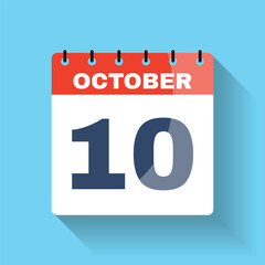October 10 flat calendar icon with shadow