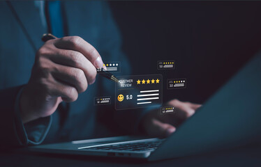 Businessman analyzing online customer reviews with five-star rating system on laptop, concept of digital feedback, service evaluation, satisfaction, reputation management, and marketing strategy.