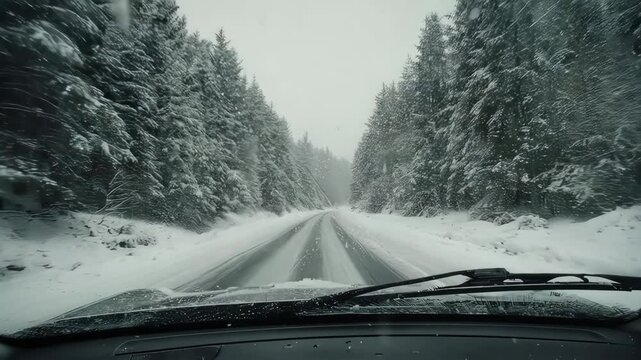 A point-of-view video from inside a car driving through a beautiful, snowy forest road. Falling snow and the motion of the car create a feeling of a peaceful winter journey or road trip.