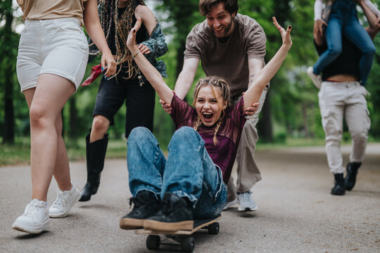 A lively scene of friends together in nature, united by cheerful laughter and playful fun, embodying youthful joy and friendship during a carefree outdoor moment on a sunlit day.