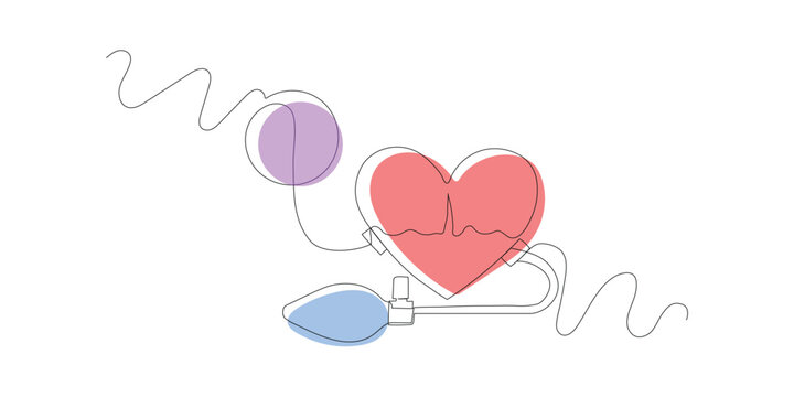 Continuous one line drawing Heart compressed by a tonometer. Increased blood pressure. World Hypertension Day.