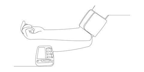 Continuous one single line drawing Measuring blood pleasure healthcare Human hand using