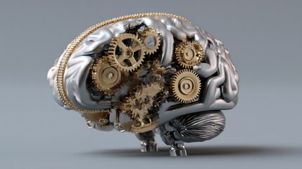 A metallic brain with gears and cogs inside, set against a gray background.