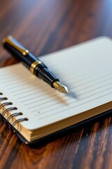 Elegant fountain pen rests atop a closed notebook, ready for inspiration, ink, office supplies