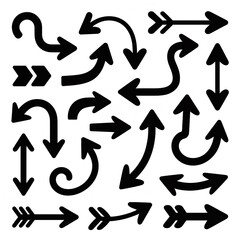A collection of various black arrow illustrations pointing in different directions on a white background