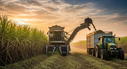 Sugarcane harvest at sunrise, showcasing a harvester loading a tractor-trailer with cut cane.  Represents agricultural industry, efficiency, and rural life